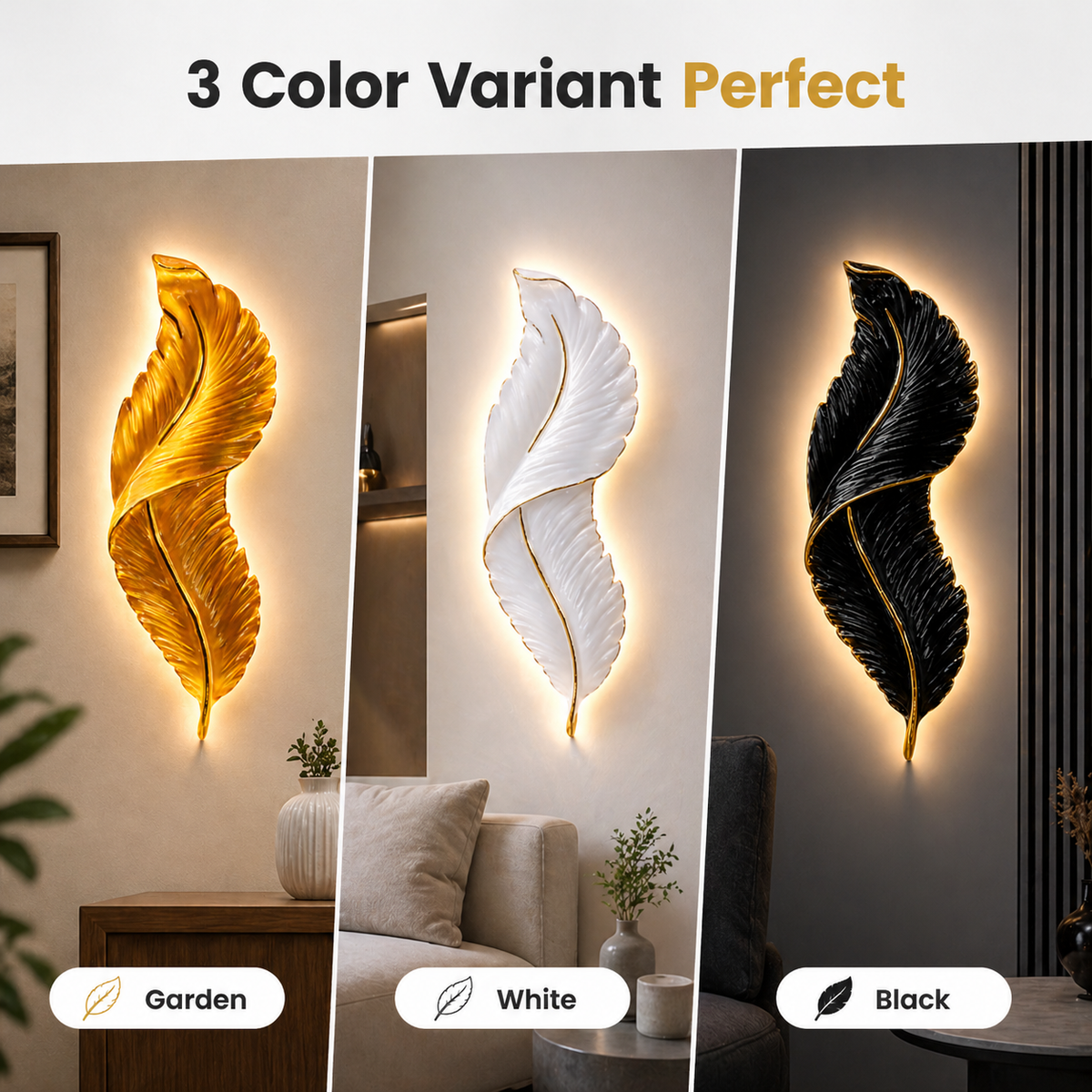 Three feather-shaped wall lights in garden, white, and black variants on a wall.