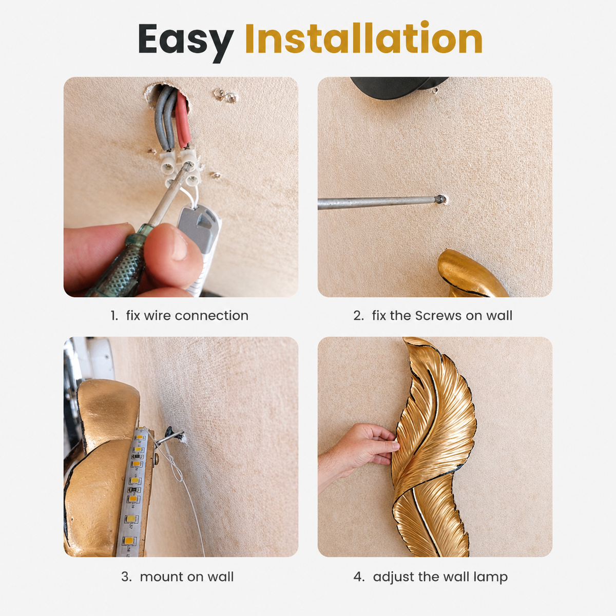 Step-by-step guide to installing a wall lamp with text 'Easy Installation'.