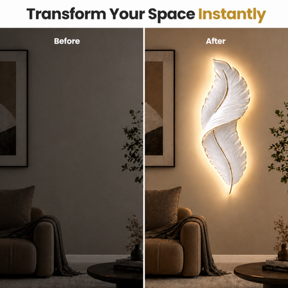 Before and after comparison of a living room with a wall light fixture.