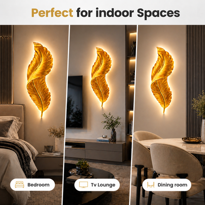 Decorative wall light shaped like a leaf in various indoor settings.