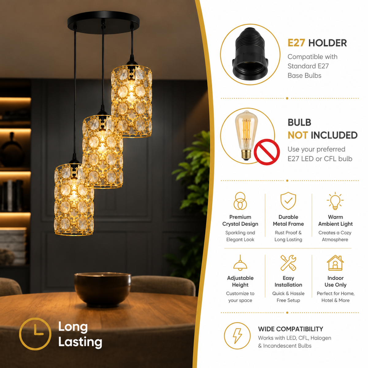 A 3-tier modern pendant light with clear crystal prisms and a black metal frame, shown illuminated in a dimly lit dining room. The right side of the image is a feature infographic detailing product specifications, compatibility, and benefits.