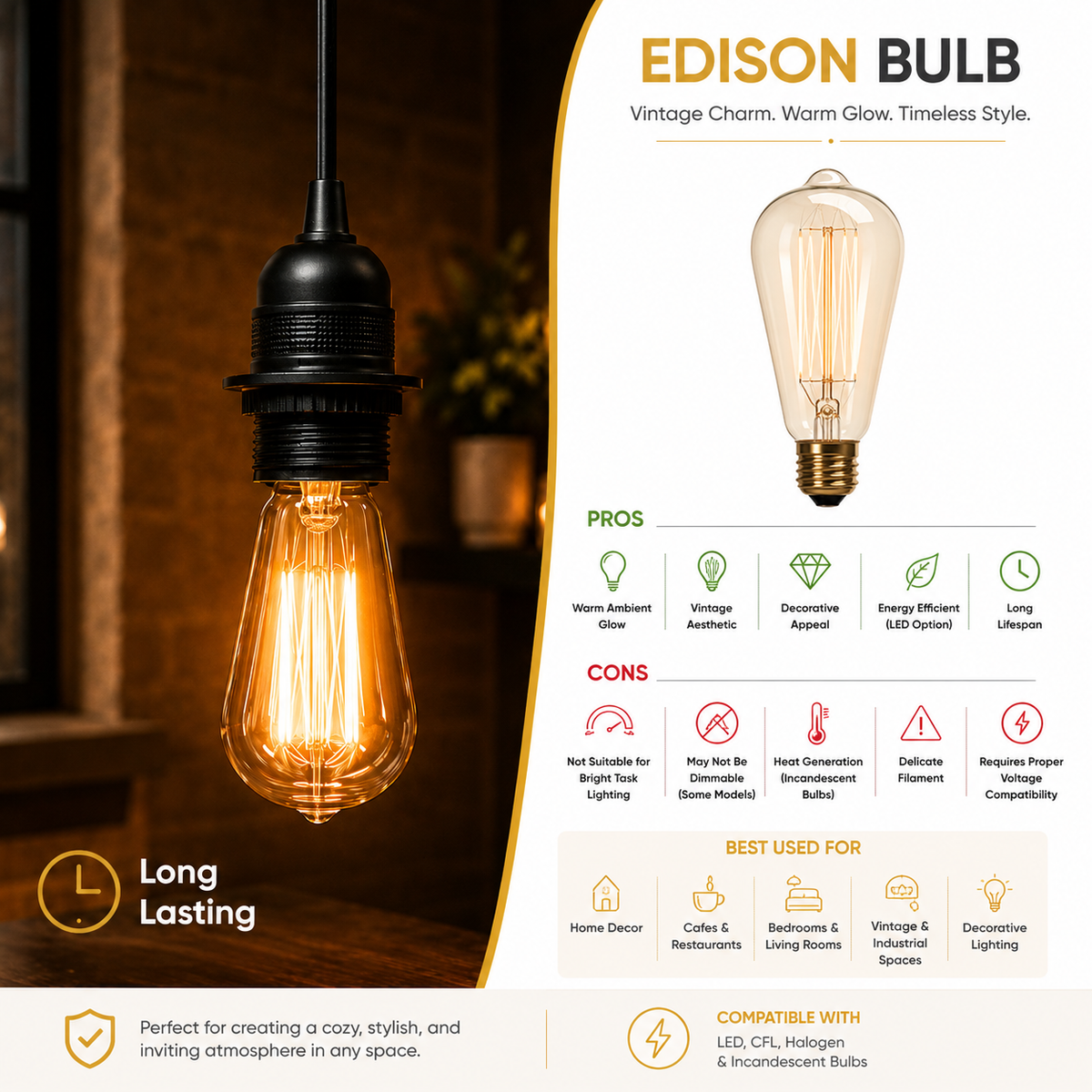 Edison bulb pendant light fixture with a warm glowing filament and black socket, shown hanging in a dim interior on the left and featured on a white infographic panel on the right with product pros, cons, and compatibility details.