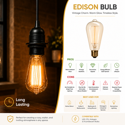Edison bulb pendant light fixture with a warm glowing filament and black socket, shown hanging in a dim interior on the left and featured on a white infographic panel on the right with product pros, cons, and compatibility details.
