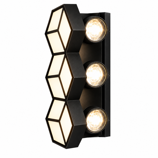 Geometric LED Wall Light | Matte Black Hexagon Sconce | 3×5W 3000K IP54 Indoor & Outdoor
