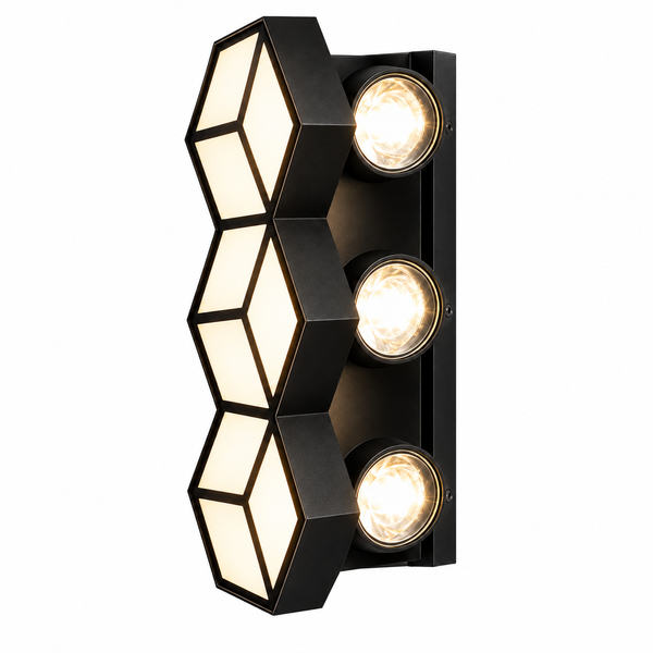Geometric LED Wall Light | Matte Black Hexagon Sconce | 3×5W 3000K IP54 Indoor & Outdoor