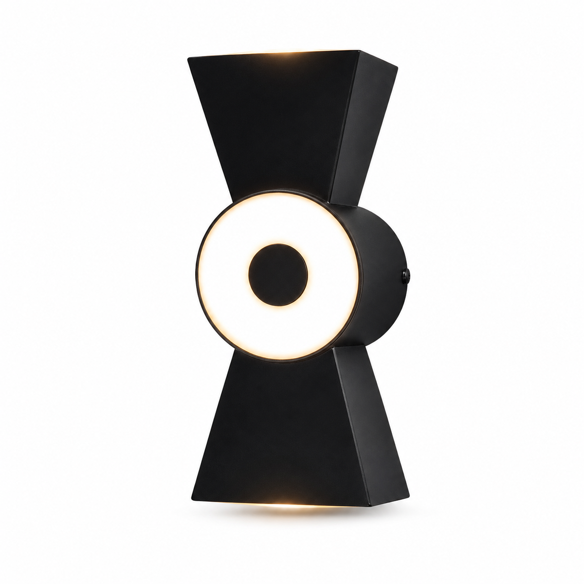 A modern black geometric wall sconce with a circular illuminated diffuser in the center, shown against a plain white background.