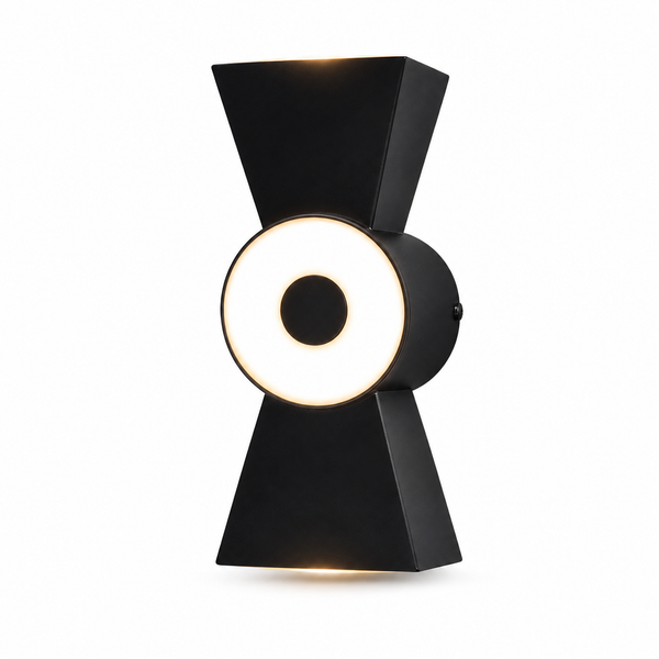 A modern black geometric wall sconce with a circular illuminated diffuser in the center, shown against a plain white background.
