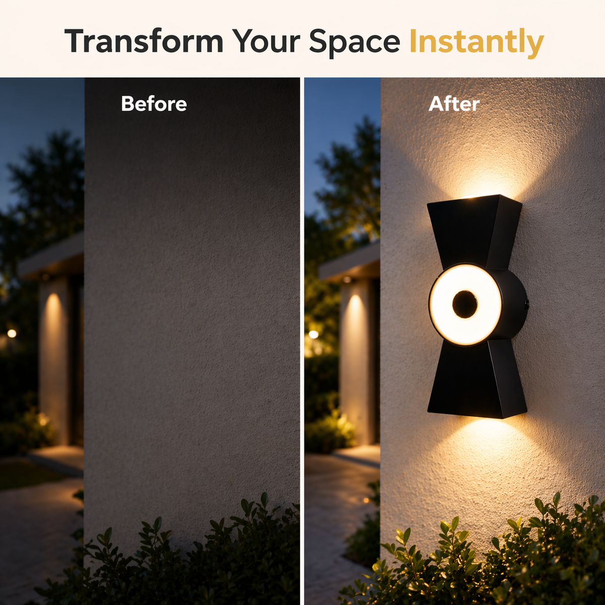 Before and after comparison of a wall-mounted outdoor light fixture on a building exterior.