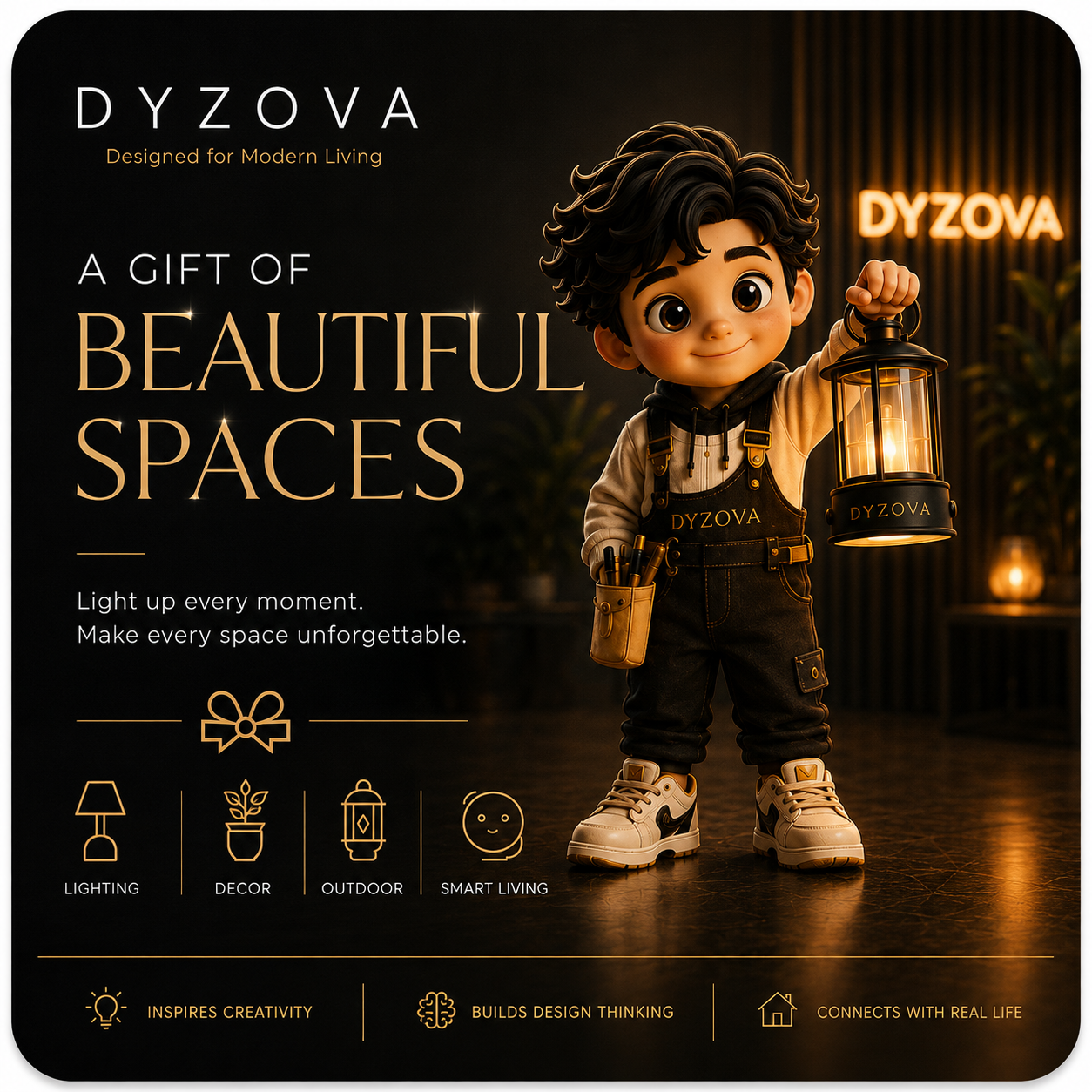 A promotional graphic for DYZOVA featuring a stylized cartoon child holding a glowing lantern, with large text reading 'A GIFT OF BEAUTIFUL SPACES' and smaller marketing copy. The design includes icons for lighting, decor, outdoor, and smart living, and the DYZOVA brand name appears prominently at the top and on the lantern.