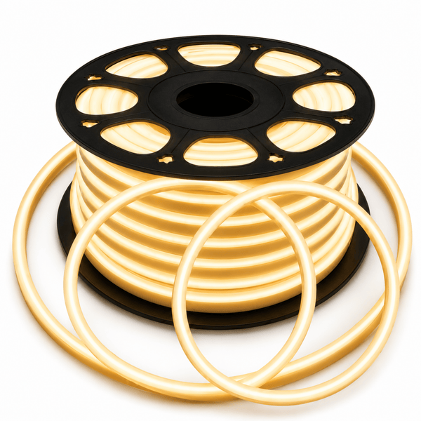 A spool of glowing warm white LED rope light with a black plastic core and multiple loops of the illuminated tube extending around it, shown on a clean white background.
