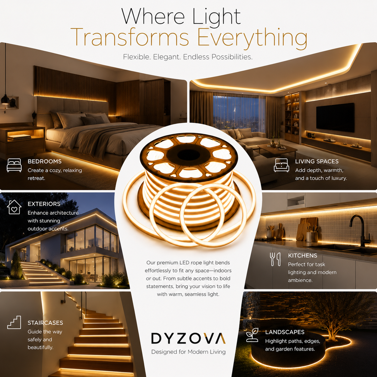 Promotional graphic for DYZOVA LED rope lights showing a coiled warm white rope light in the center, surrounded by lifestyle room and outdoor scene examples including a bedroom, living space, exterior, kitchen, staircase, and landscape. Text reads 'Where Light Transforms Everything' and 'DYZOVA Designed for Modern Living.