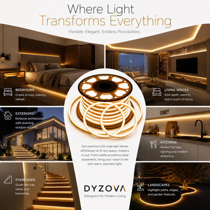 Promotional graphic for DYZOVA LED rope lights showing a coiled warm white rope light in the center, surrounded by lifestyle room and outdoor scene examples including a bedroom, living space, exterior, kitchen, staircase, and landscape. Text reads 'Where Light Transforms Everything' and 'DYZOVA Designed for Modern Living.