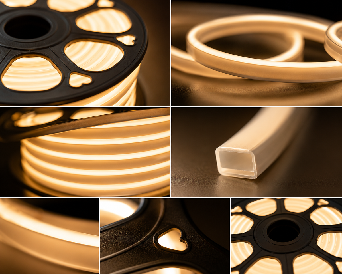 A collage of close-up product photos showing a flexible warm-white LED light strip mounted on a black spool, with several panels focused on the glowing tubing, the spool details, and the translucent tube end.