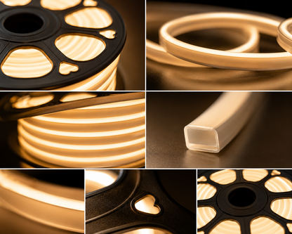 A collage of close-up product photos showing a flexible warm-white LED light strip mounted on a black spool, with several panels focused on the glowing tubing, the spool details, and the translucent tube end.
