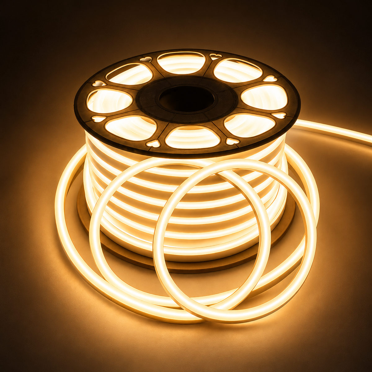 A coiled spool of warm white LED neon light tubing glowing brightly against a dark brown background.