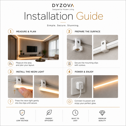 Installation guide infographic for the Dyzova wall-mounted neon light, showing four numbered steps: measure and plan, prepare the surface, install the neon light, and power & enjoy, with small photos and feature icons at the bottom.