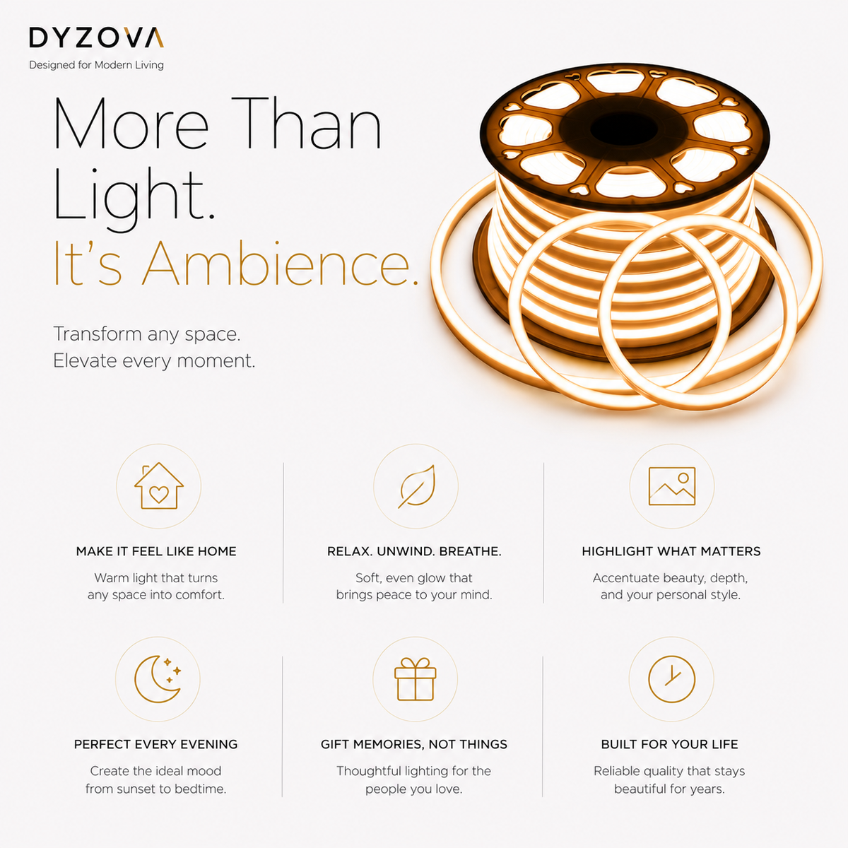 Dyzova LED light strip coil product graphic on a white background with marketing text and six feature tiles. The product is shown as a coiled spiral of warm white light strips.