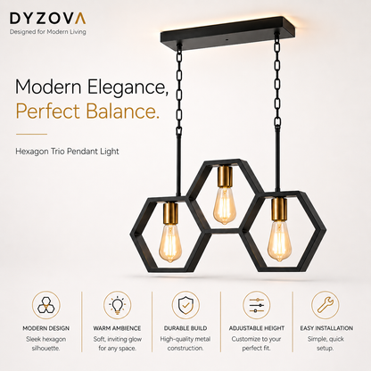 Dyzova hexagon trio pendant light with three black metal hexagonal frames and warm Edison bulbs, shown against a light beige background with product text and feature icons.