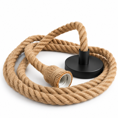 A coiled natural jute rope lamp cord with a black circular base and a white socket, shown on a clean white background.