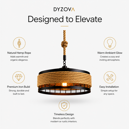 Jute Rope Pendant Light | Matte Black Hemp Rope Drum Chandelier | E27 Ceiling Lamp