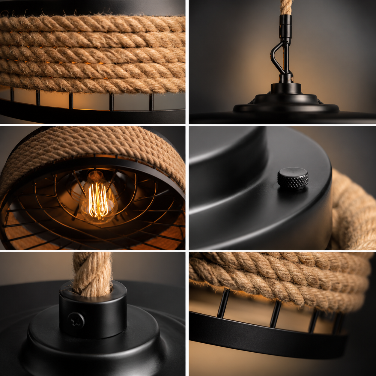 Jute Rope Pendant Light | Matte Black Hemp Rope Drum Chandelier | E27 Ceiling Lamp