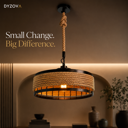 Jute Rope Pendant Light | Matte Black Hemp Rope Drum Chandelier | E27 Ceiling Lamp