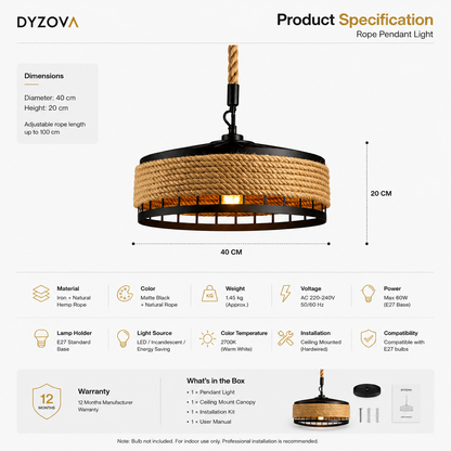 Jute Rope Pendant Light | Matte Black Hemp Rope Drum Chandelier | E27 Ceiling Lamp