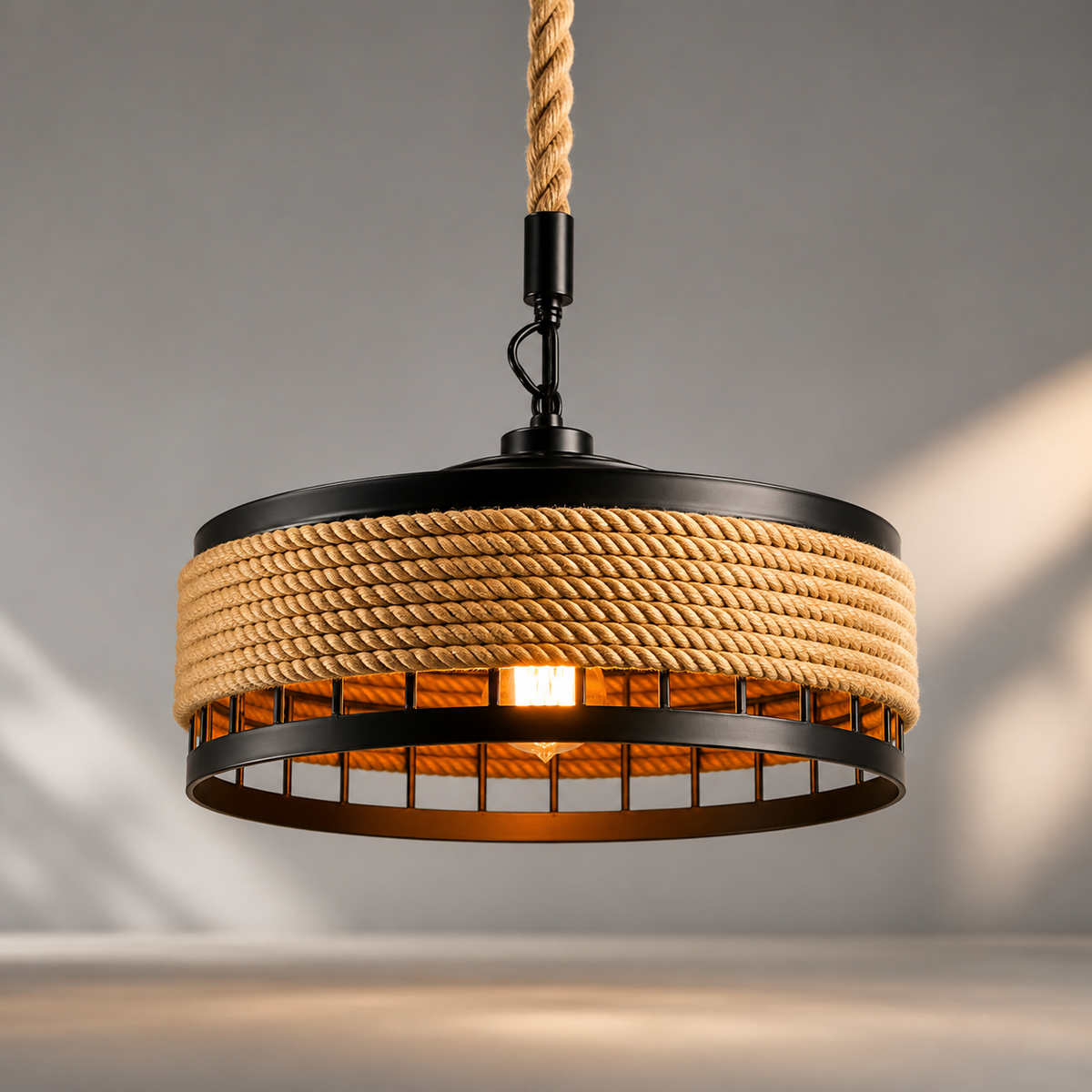 Jute Rope Pendant Light | Matte Black Hemp Rope Drum Chandelier | E27 Ceiling Lamp