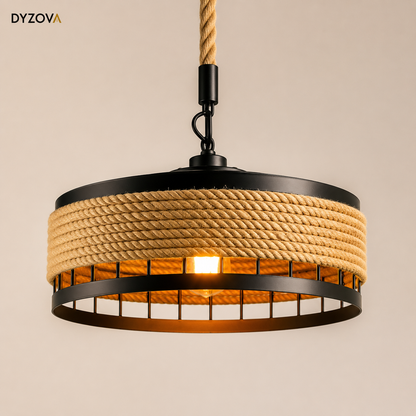 Jute Rope Pendant Light | Matte Black Hemp Rope Drum Chandelier | E27 Ceiling Lamp