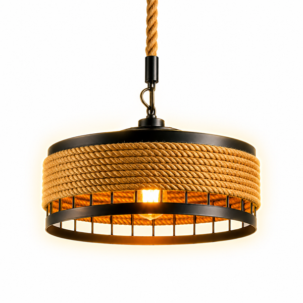 Jute Rope Pendant Light | Matte Black Hemp Rope Drum Chandelier | E27 Ceiling Lamp
