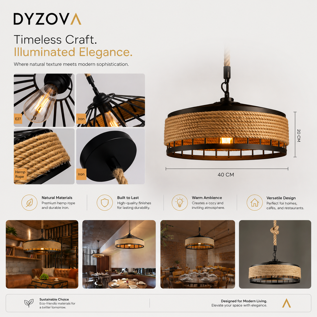 Jute Rope Pendant Light | Matte Black Hemp Rope Drum Chandelier | E27 Ceiling Lamp