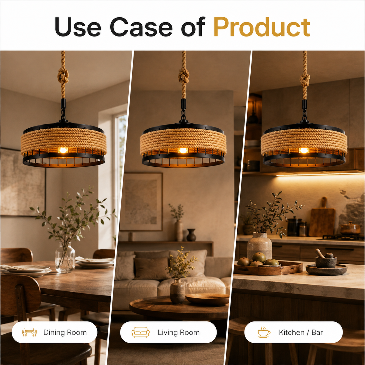 Jute Rope Pendant Light | Matte Black Hemp Rope Drum Chandelier | E27 Ceiling Lamp