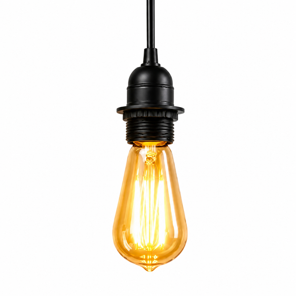 A vintage-style industrial pendant light with a glowing amber glass bulb and a matte black metal socket and cord, shown against a plain white background.
