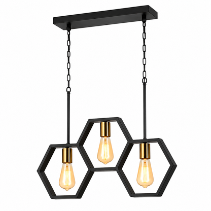 A modern three-light linear pendant chandelier with a matte black rectangular ceiling canopy, chains, and three interlocking hexagonal metal frames holding warm Edison-style bulbs.