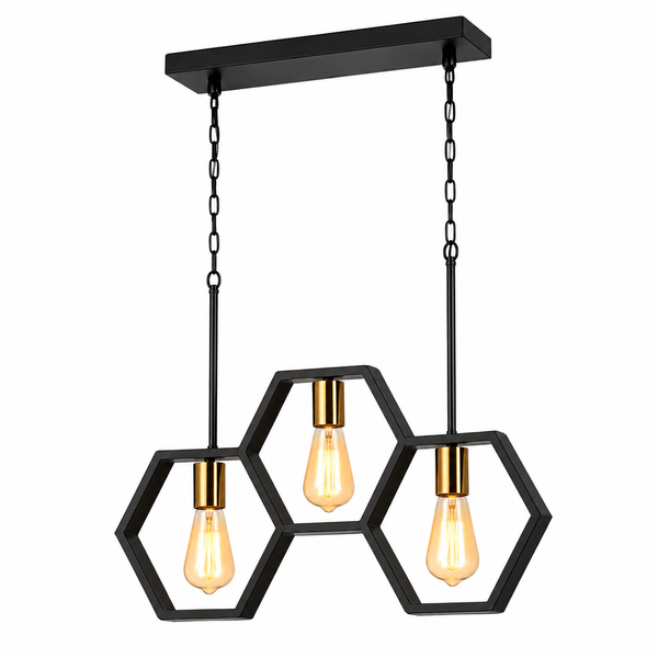A modern three-light linear pendant chandelier with a matte black rectangular ceiling canopy, chains, and three interlocking hexagonal metal frames holding warm Edison-style bulbs.