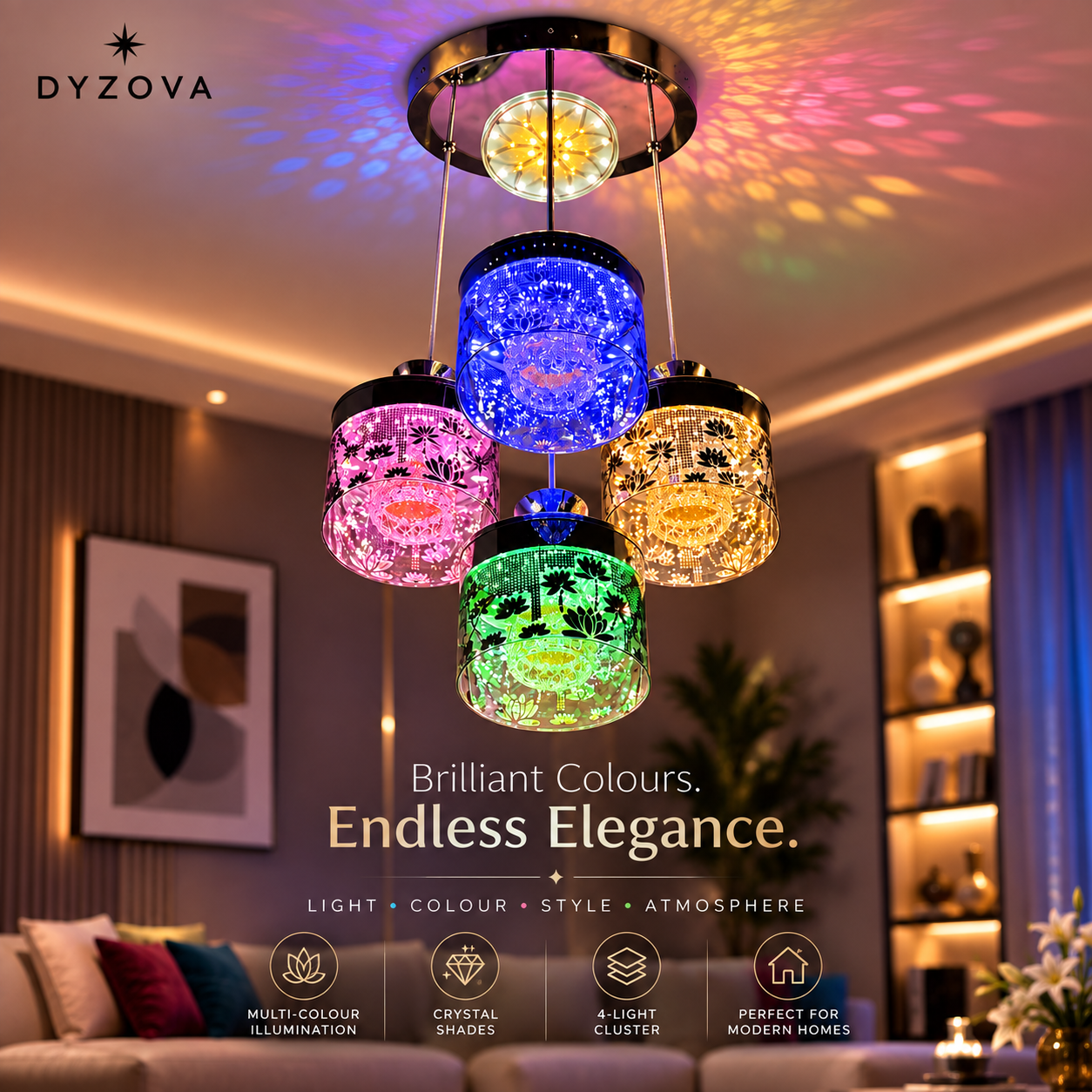 Multicolour 4-Light Pendant Chandelier | Crystal-Style Cylindrical Shades | LED Ceiling Light