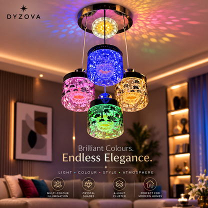 Multicolour 4-Light Pendant Chandelier | Crystal-Style Cylindrical Shades | LED Ceiling Light