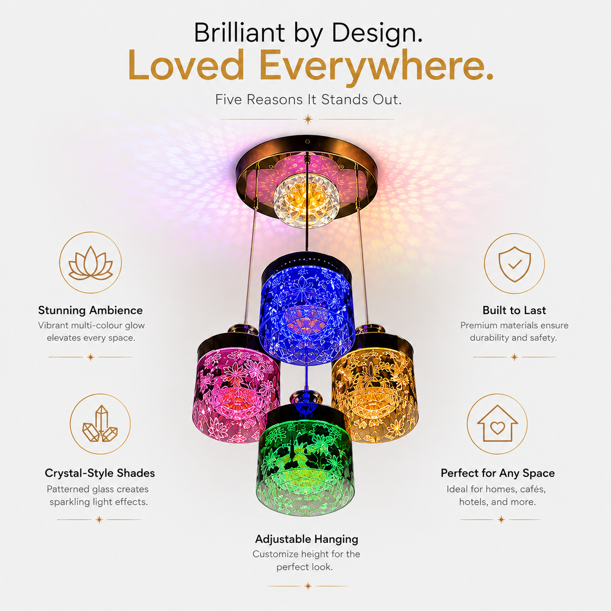 Multicolour 4-Light Pendant Chandelier | Crystal-Style Cylindrical Shades | LED Ceiling Light