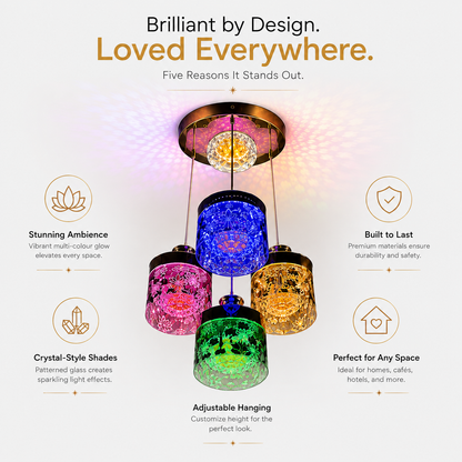 Multicolour 4-Light Pendant Chandelier | Crystal-Style Cylindrical Shades | LED Ceiling Light