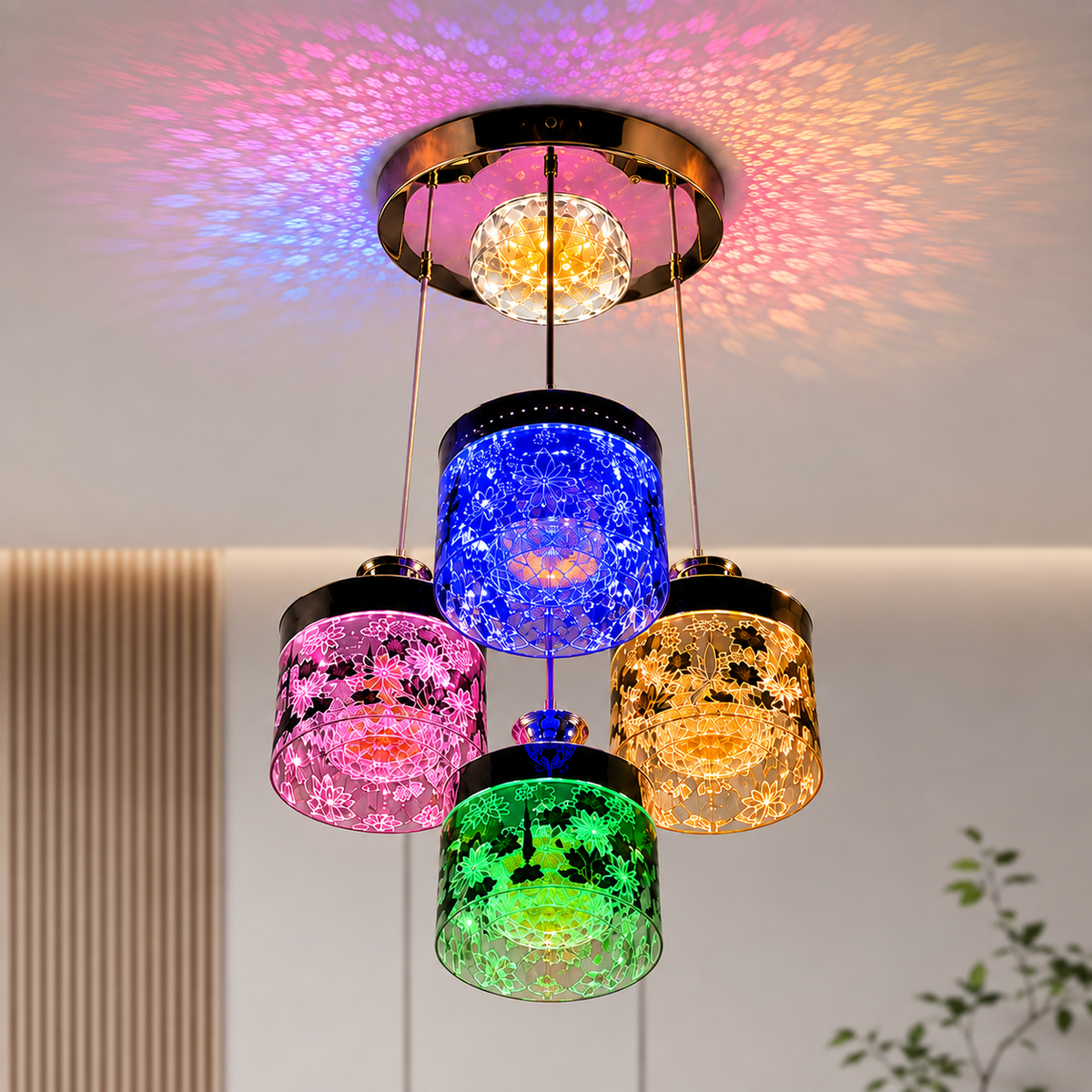 Multicolour 4-Light Pendant Chandelier | Crystal-Style Cylindrical Shades | LED Ceiling Light