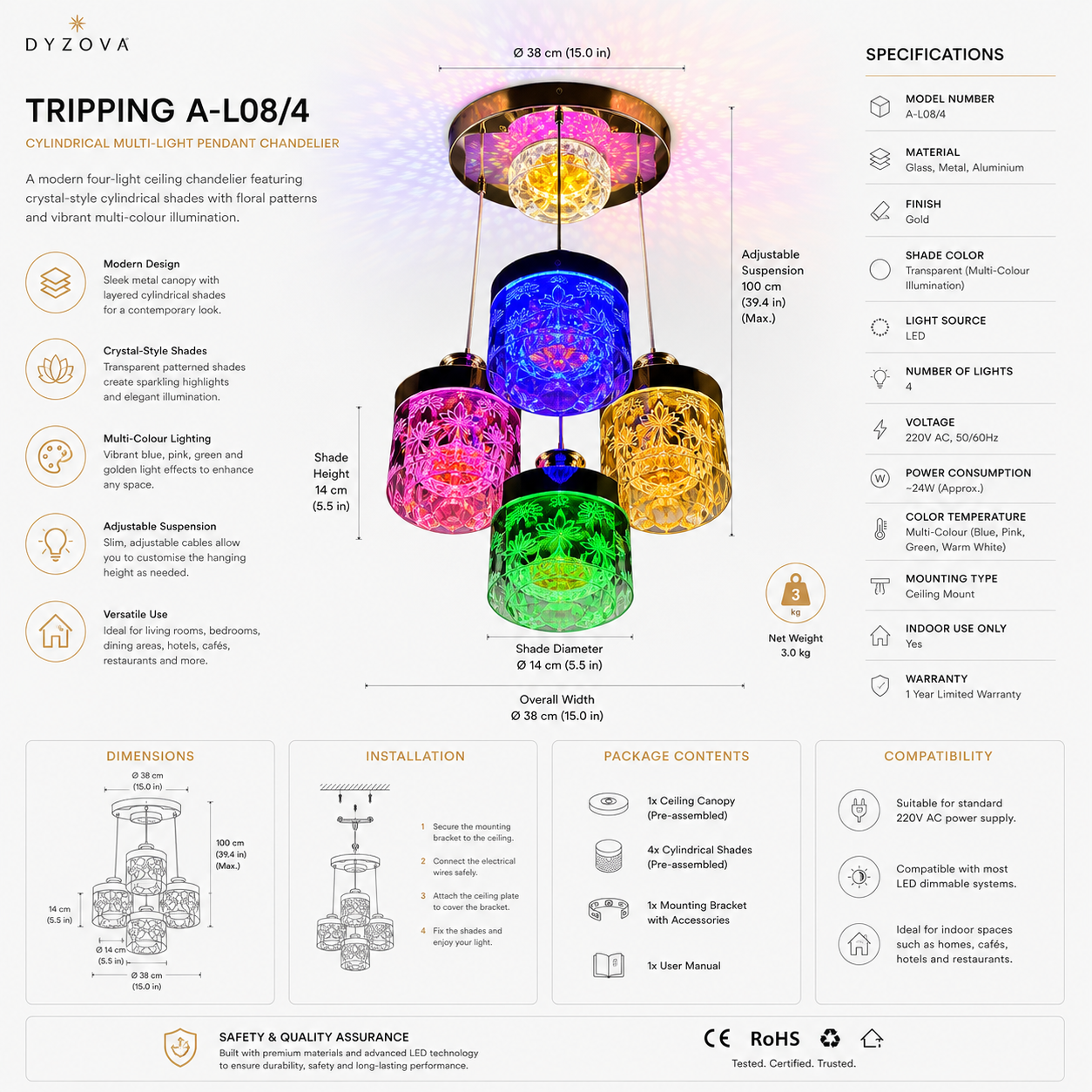 Multicolour 4-Light Pendant Chandelier | Crystal-Style Cylindrical Shades | LED Ceiling Light