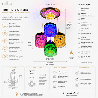 Multicolour 4-Light Pendant Chandelier | Crystal-Style Cylindrical Shades | LED Ceiling Light