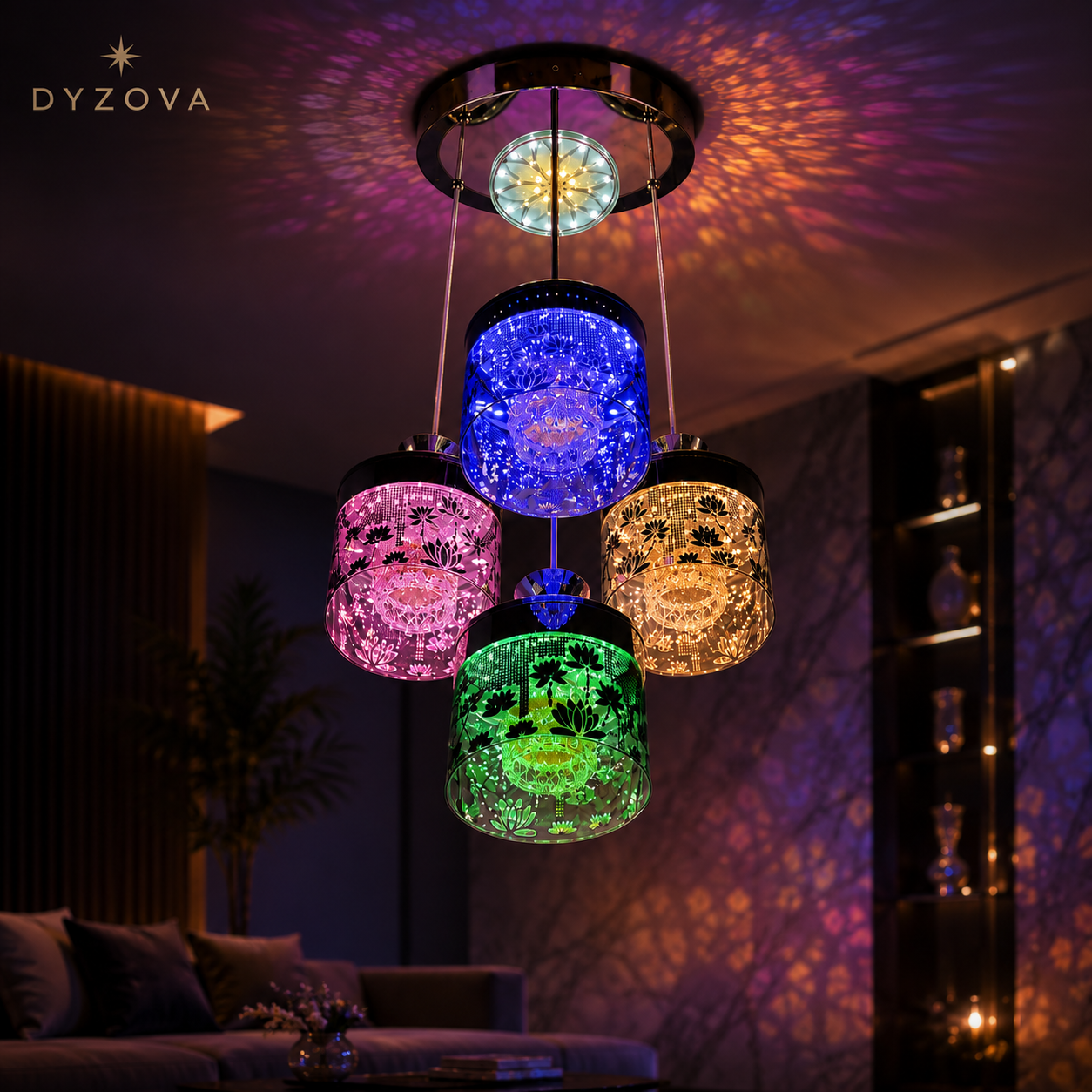 Multicolour 4-Light Pendant Chandelier | Crystal-Style Cylindrical Shades | LED Ceiling Light