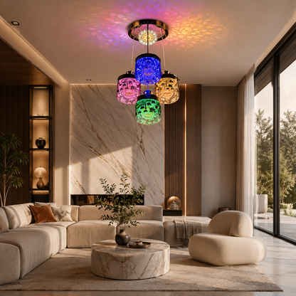 Multicolour 4-Light Pendant Chandelier | Crystal-Style Cylindrical Shades | LED Ceiling Light