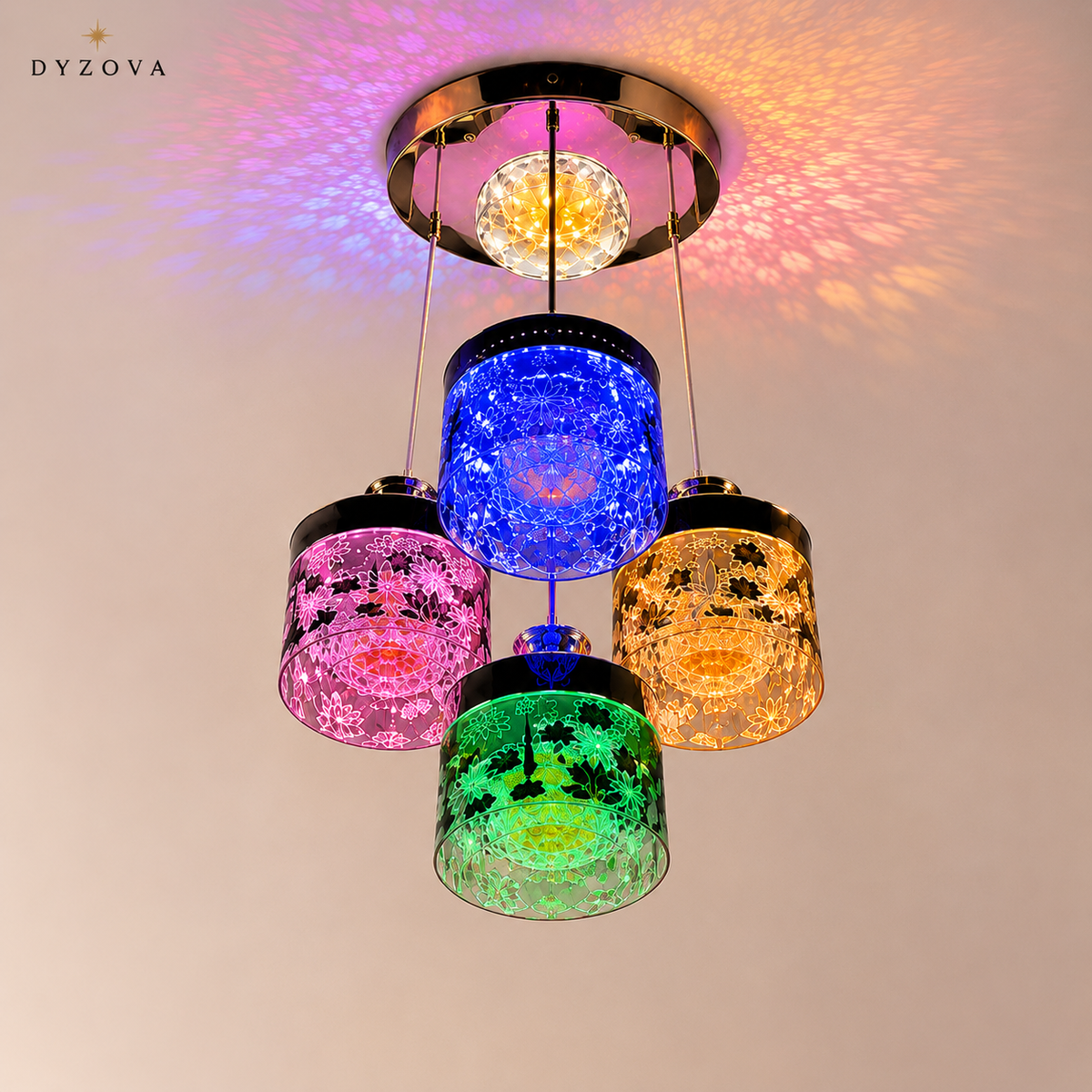 Multicolour 4-Light Pendant Chandelier | Crystal-Style Cylindrical Shades | LED Ceiling Light