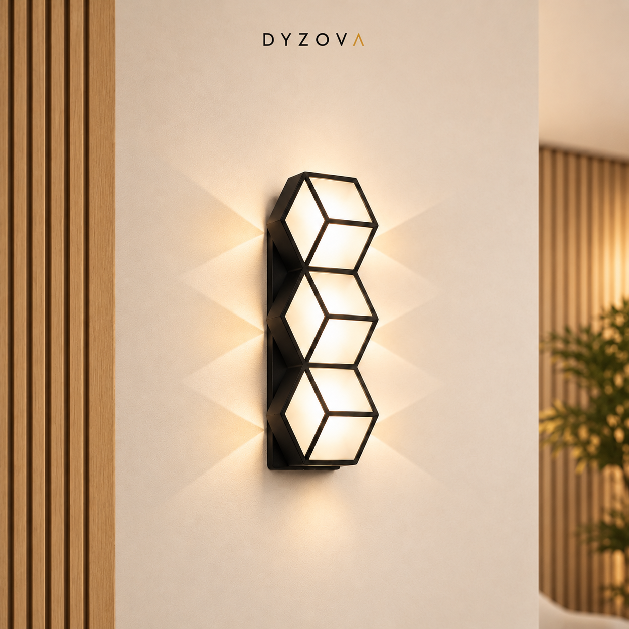 Geometric LED Wall Light | Matte Black Hexagon Sconce | 3×5W 3000K IP54 Indoor & Outdoor
