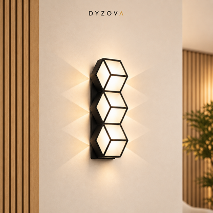 Geometric LED Wall Light | Matte Black Hexagon Sconce | 3×5W 3000K IP54 Indoor & Outdoor