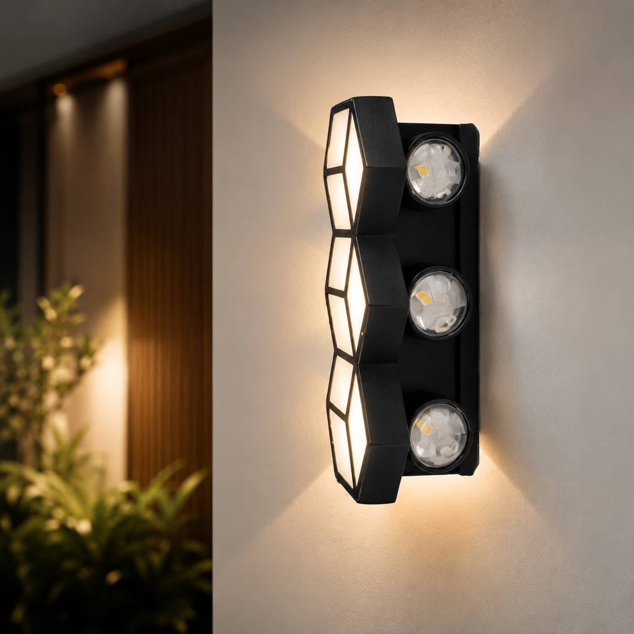 Geometric LED Wall Light | Matte Black Hexagon Sconce | 3×5W 3000K IP54 Indoor & Outdoor