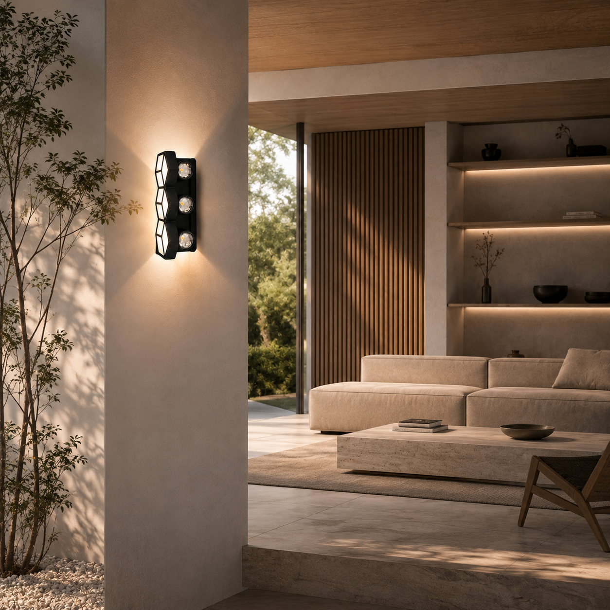 Geometric LED Wall Light | Matte Black Hexagon Sconce | 3×5W 3000K IP54 Indoor & Outdoor