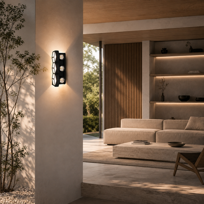 Geometric LED Wall Light | Matte Black Hexagon Sconce | 3×5W 3000K IP54 Indoor & Outdoor